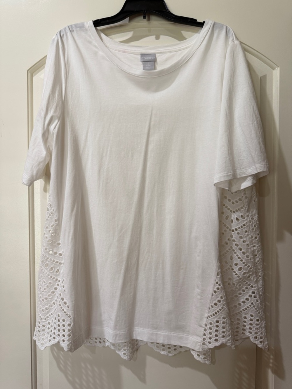 Chico's White Short Sleeve Tee with Eyelet Lace Side and Back Panels